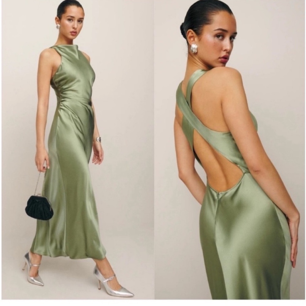 Reformation Casette Silk Dress in Artichoke 4